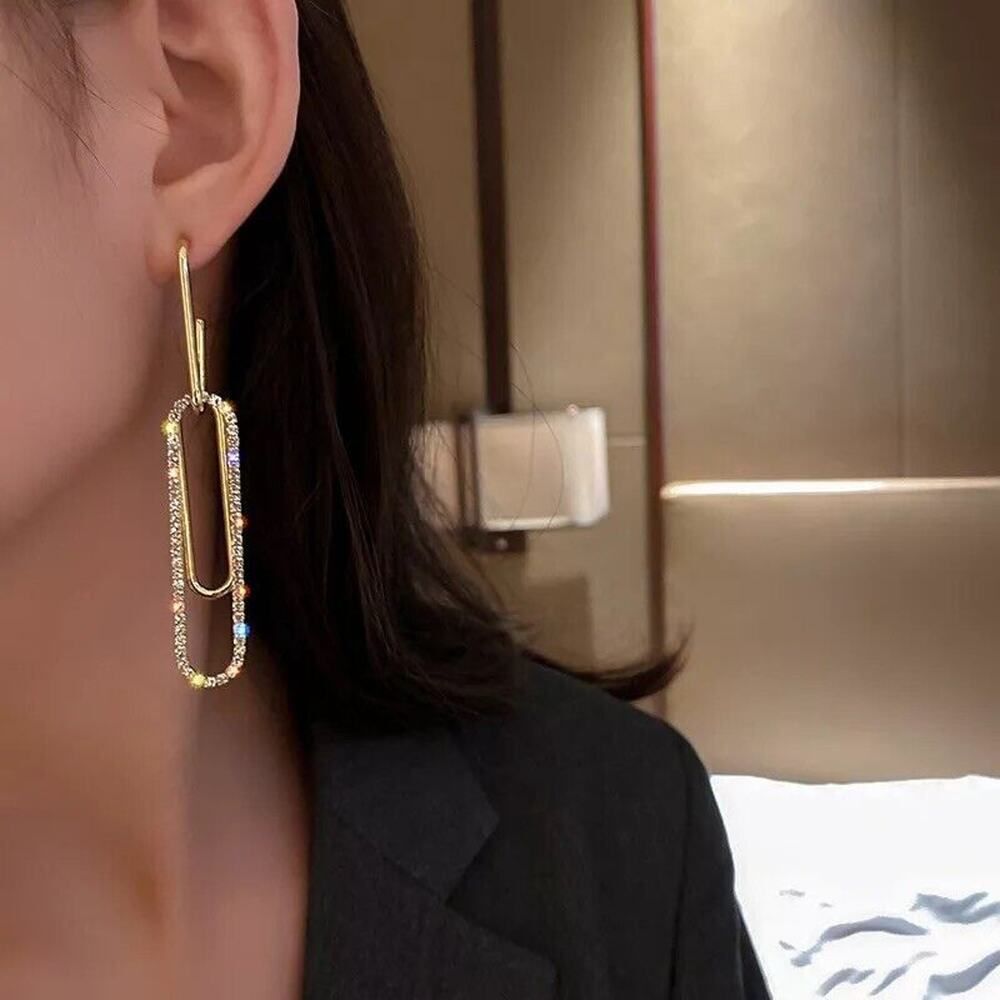 Los Angeles Boutique Dangle Long Rectangle Gold Earrings Rhinestone Crystal NEW - Picture 1 of 8
